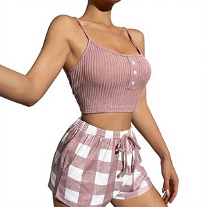 Women's 2-Piece Pink Striped Knitted Lounge Set V-neck Sleeveless Crop Top Shorts Elastic Waist Breathable Casual Spring Summer - Product Image 6