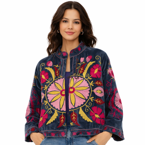Floral Embroidered Velvet Bomber <b>Jacket</b> Mandarin Collar Full Sleeve Boho Style Autumn Women's Regular Reversible Eco-Friendly - Product Image 1