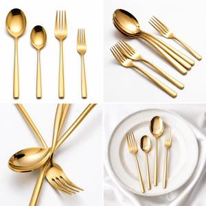 Ensemble de couverts de luxe en acier inoxydable doré, 4 pièces, finition miroir, pour hôtel, restaurant, vaisselle personnalisée avec logo. - Product Image 3