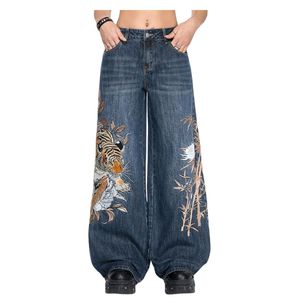 Vaqueros Anchos Personalizados con Bordado de Tigre para Mujer, Pantalones de Mezclilla de Pierna Ancha, Estilo Vintage Urbano, Moda OEM ODM al por Mayor - Product Image 1