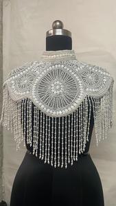 Capa de Hombro con Borlas y Cuentas Plateadas Ellora para Mujer, Ideal para Bodas, Fiestas Nocturnas, con Bordado de Cristal y Flecos, Chal de Nailon - Product Image 3