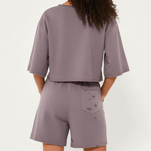 Ensemble décontracté 2 pièces pour femme, crop top et short, coupe oversize à épaules tombantes, au-dessus du genou, couleur unie, Spandex + Coton, Vente chaude - Product Image 2