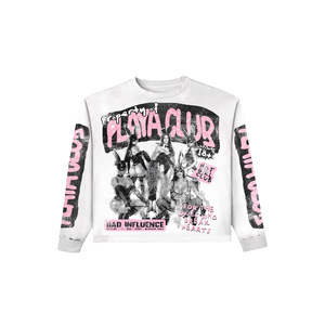 Oversized Crop <b>Long</b> <b>Sleeve</b> <b>T</b>-<b>Shirt</b> With Bunny Print Streetwear Style O-Neck Jersey Fabric Men's <b>White</b> Cotton Top - Product Image 1