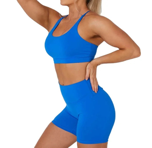 Conjunto Casual de 2 Piezas para Mujer, Color Azul, para Uso Diario, Top Halter, Pantalones Cortos de Cintura Alta, Color Sólido, Tejido de Punto, Spandex Transpirable, Ropa de Primavera/Verano - Product Image 4