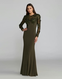 Elegante Vestido de Noche Largo de Satén de Poliéster Verde Oliva con Lentejuelas, Bordado Sólido, Manga Larga Transparente, Cuello Redondo y Antiarrugas - Product Image 6