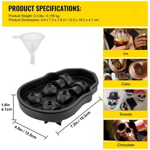 Stampo per cubetti di ghiaccio a forma di teschio, 6 scomparti, in silicone nero flessibile, per palline di ghiaccio, utilizzabile nel congelatore, con imbuto e 3 utensili per gelato - Product Image 5