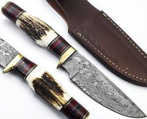 Couteau de chasse et de camping de haute qualité en acier Damas avec manche en cuir, lame de 5 pouces, tranchant, OEM - Product Image 6
