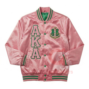 Chaqueta bomber de satén rosa y verde con bordado de letras griegas personalizadas, impermeable y cortavientos, de la hermandad AKA Spring. - Product Image 1
