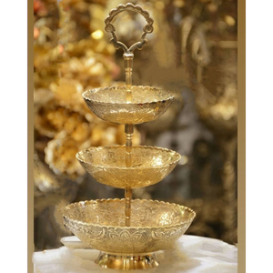 Three Tier Metal Cake Stand With Floral Design Handmade Gold Plated Attractive Look Hot Selling Table Centerpiece Cake Stand - Product Image 1