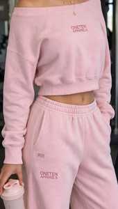 Conjunto Deportivo de 2 Piezas para Mujer, Estampado Rosa, Top Corto de Cuello Alto y Manga Larga, Pantalones Deportivos de Pierna Ancha con Cintura Elástica y Cierre - Product Image 3