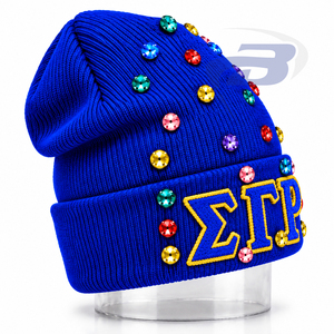Casquette d'hiver en tricot bleu avec embellissements en strass pour femmes de la sororité Sigma Gamma Rho SGR, avec broderie en chenille - Product Image 3