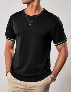 Camiseta de Manga Corta para Hombre, Color Azul Marino, Cuello Redondo, con Ribete en Contraste, Corte Regular, Estilo Casual, de Algodón Tejido - Product Image 6