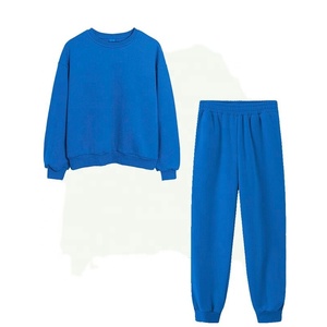 Factory Direct Sale Women's Plain Thick Crew Neck Pullover Track Suit <b>Lounging</b> Wear Ribbed Hem & Cuff Blank Two Piece Sweat Suit - Product Image 4