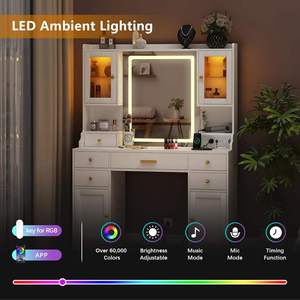 <span class=keywords><strong>Table</strong></span> <span class=keywords><strong>de</strong></span> toilette moderne en bois pour chambre à coucher avec éclairage RGB, 6 tiroirs, grand miroir, station <span class=keywords><strong>de</strong></span> charge et fonctions réglables - Product Image 4