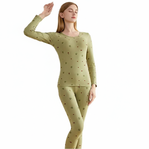 Conjunto de ropa interior térmica para mujer, camiseta y pantalón largos, capa base de otoño e invierno, forro polar, 100% algodón, cuello redondo, tejido transpirable - Product Image 1