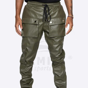 Pantalon cargo long en cuir pour homme, style streetwear, taille haute, jambes larges, décontracté, avec poches avant, fabrication OEM personnalisée - Product Image 5