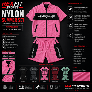 REXFIT SPORTS 2026 Conjunto Deportivo de Verano para Hombre en Nailon Rosa, Camiseta de Manga Corta con Cierre Completo y Pantalones Cortos, Ropa Deportiva Personalizada, Conjunto Ligero de Nailon - Product Image 1