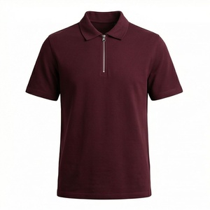 Polo à manches courtes pour homme, couleur marron, fermeture éclair sur le devant, tricoté, uni, décontracté, coupe classique - Product Image 1