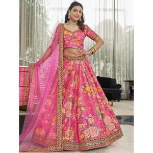 Ropa de boda de seda con estampado floral de color rosa oscuro Lehenga Choli - Product Image 6