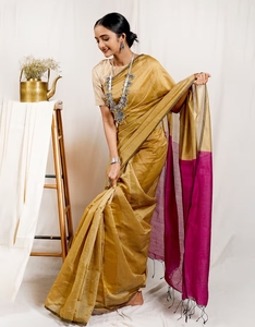 Sari en coton et soie Khadi KV Luminous Golden & Pink avec blouse non cousue - Product Image 3