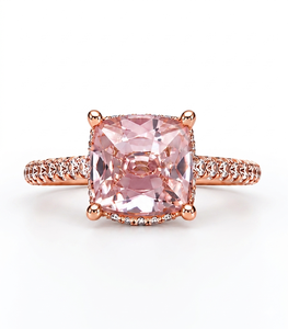 Anillo de compromiso con diamante rosa talla cojín, halo de oro rosa, banda de aniversario con pavé, joyería fina de laboratorio premium, regalo para mujer - Product Image 1