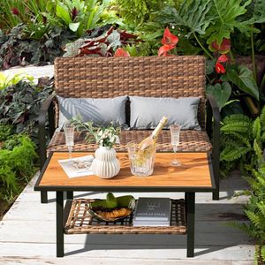 2-Piece Patio Rattan <b>Garden</b> Set Quick Dry Cushion <b>Coffee</b> <b>Table</b> with Shelf - Product Image 2