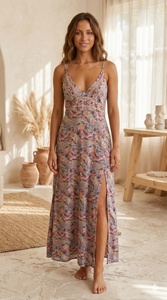 Talla Única Y2K Estilo Bohemio Natural, Vestido Largo de Seda Tejida India con Estampado Geométrico, Cuello en V, Sin Mangas, Abertura Lateral, Estilo Coreano de Verano - Product Image 2