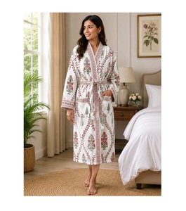 Cotton Kimono <b>Bathrobe</b> Long Sleeve <b>Waffle</b> Terry Robe with Printed Design Luxury Hotel Spa Wear Soft Comfortable Bath Gown - Product Image 1