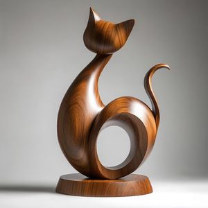Sculpture de chat en bois artisanale moderne, finition brillante, jouet en peluche décoratif, décoration de table, décoration d'intérieur - Product Image 1