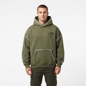 Sudadera con Capucha Verde Oliva para Hombre, Adornada con Pedrería, Corte Holgado, Hombros Caídos, Informal, de Algodón y Felpa, para Invierno - Product Image 1
