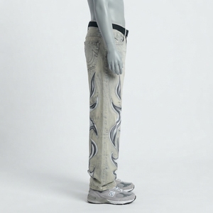 Jeans de Mezclilla para Hombre, Corte Recto, Lavado a la Piedra, con Apliques de Estampado Tribal, Estilo Hip Hop, Corte Holgado, para Primavera - Product Image 3
