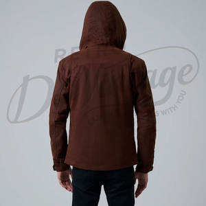 Veste en toile cirée marron pour homme, résistante à l'eau, à capuche, veste de plein air décontractée, coupe ajustée, veste de campagne en coton avec poches - Product Image 3