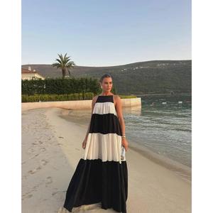 เดรสยาวผ้าฝ้ายสไตล์โบฮีเมียนสำหรับผู้หญิง คอทรงกลม แขนกุด แต่งสีสันแบบคัลเลอร์บล็อก ทรงระบาย ชุดลำลองสำหรับฤดูร้อน - Product Image 5