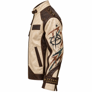 Chaqueta de Cuero Genuino Beige para Hombre, Estilo Motero con Tachuelas, Estampado Gráfico de Gato y Pecho Marrón, Abrigo con Tachuelas, Venta al por Mayor de Fábrica, Fabricante OEM ODM Personalizado - Product Image 4