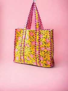 Red Bengal Tiger Animal Print Cotton Kantha Quilted Storage Tote <b>Bag</b> Women Shoulder Travel Carrying Handbag Striped Strap - Product Image 2