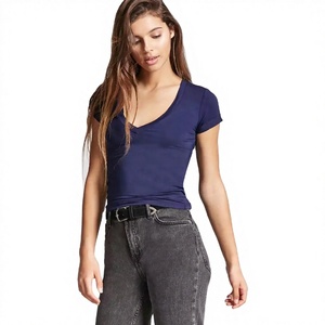 Camisetas ajustadas con cuello de pico profundo para mujer, camisas de moda con impresión personalizada y etiquetado, azul, para todas las ocasiones - Product Image 1