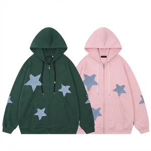 Oversized Zip-Up Hoodie Unisex Cotton Knitted <b>Star</b> Applique Casual Autumn Wear Green Pink Oversized pullover hooded - Product Image 1