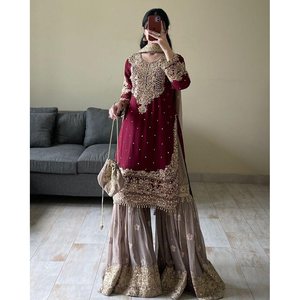 DESIGNER GEORGETTE REAL MIRROR CODING SEQUENCE EMBROIDERY WORK <b>TOP</b> SHARARA DUPATTA <b>MAROON</b> MODERN HIGH QUALITY CASUAL OUTDOOR - Product Image 1
