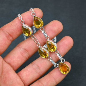 Cusomised <b>Solid</b> Sterling <b>Silver</b> Gemstone Natural Yellow Citrine Gemstone <b>Necklace</b>, Handmade <b>Silver</b> Gemstone Jewelry Supplier - Product Image 3