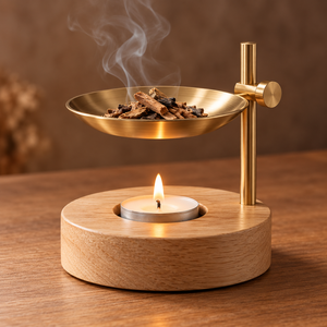 Luxury Wooden Base Adjustable Bakhoor <b>Burner</b> with Golden Metal Bowl and <b>Candle</b> Holder - Product Image 1