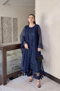 LD CREATION LJ-543 Vert foncé Brodé Organza doux Réversible 3 pièces Moderne Sans plis Costume Salwar Kameez pakistanais en tissu filet - Product Image 6