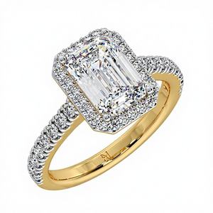 แหวนเพชรทรงสี่เหลี่ยมมรกต 2 กะรัต ผลิตในห้องปฏิบัติการ ประดับเพชรรอบวงแบบ Halo ตัวเรือนแบบ Prong Set พร้อมเพชรด้านข้าง ดีไซน์ Open Gallery สำหรับวันครบรอบแต่งงานที่ได้รับการรับรอง - Product Image 5