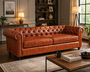 โซฟาหนังเชสเตอร์ฟิลด์ 3 ที่นั่ง โซฟาสีน้ำตาลแบบมีกระดุมติด พร้อมที่วางแขนแบบม้วน โครงไม้เนื้อแข็ง เฟอร์นิเจอร์ห้องนั่งเล่นสุดหรู - Product Image 5