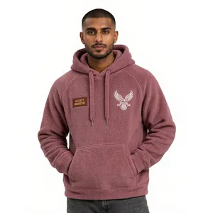 Hoodie streetwear ample et oversize en polaire Sherpa épaisse 500 GSM, couleur unie personnalisée, manches raglan, patch brodé aigle - Product Image 2