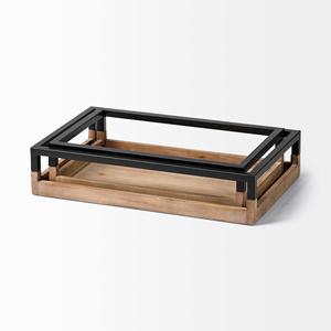 Juego de Dos Bandejas de Servir Modernas de Madera con Marco de Metal Negro Resistente, Perfectas para Hoteles, Restaurantes, Salas de Estar y Comedores - Product Image 1