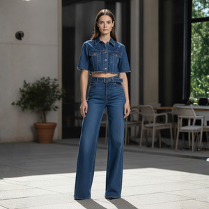 Conjunto de Jeans de Cintura Alta para Mujer, Corte Recto, Transpirables, Color Azul Denim, Ajuste Regular, Pantalones Largos con Bolsillos para Uso Casual de Verano - Product Image 6