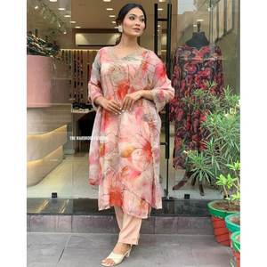 ATRACTIVE ORGANZA BORDADO IMPRESO SECUENCIA TRABAJO FONDO SUPERIOR CON DUPATTA MELOCOTÓN - Product Image 1