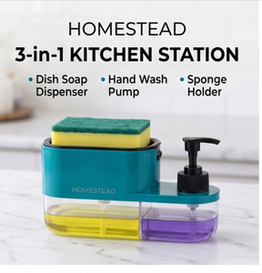 HOMESTEAD 3-in-1 Kitchen Station Dish Soap Dispenser Hand Wash <b>Pump</b> Sponge Holder Ergonomic Design - Product Image 3