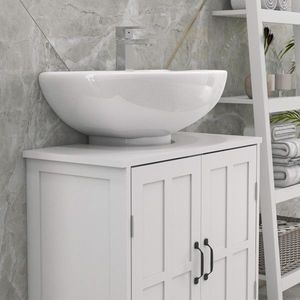 Mobile Bagno Stile Rustico con Lavabo, Ripiano Regolabile, Piedistallo e Specchio LED, Vanità in Legno Massello Bianco - Product Image 5