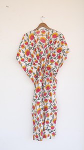Boho Yellow Floral Handprint Kaftan Dress With <b>Tie</b> <b>Back</b> Loose Fit Short Sleeve Cotton Beach Cover-Up - Product Image 2